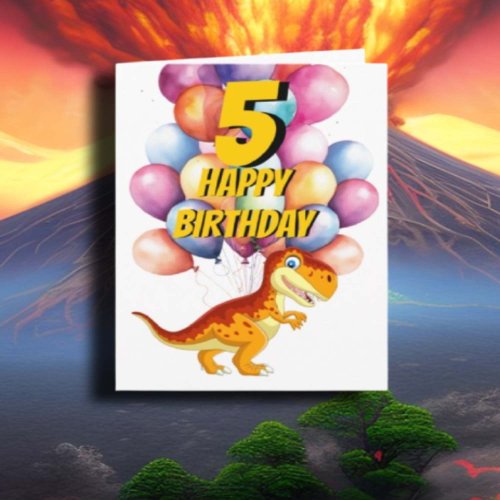 Dinosaur T Rex Gold 5th  Birthday Balloons Card