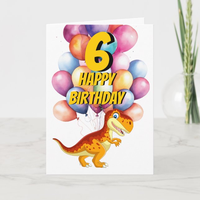 Dinosaur T Rex Gold 6th  Birthday Balloons Card (Front)