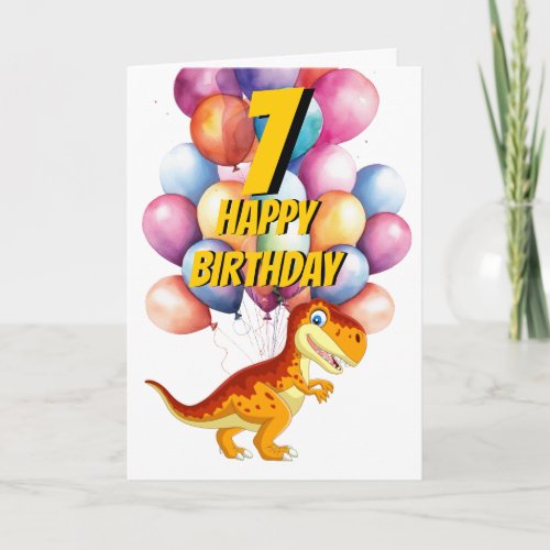 Dinosaur T Rex Gold 7th  Birthday Balloons Card