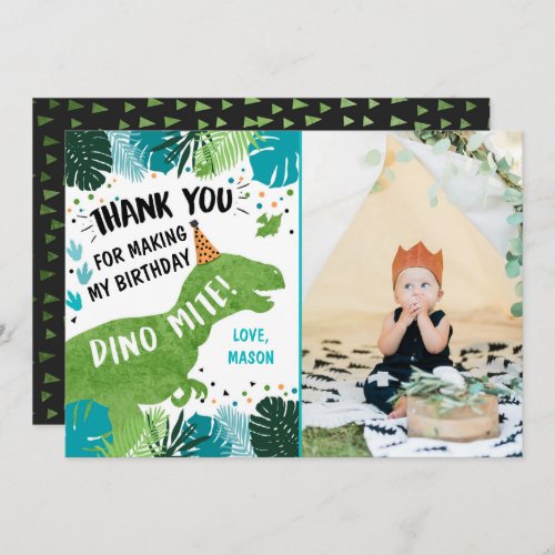 Dinosaur T_Rex Green Boy Birthday Thank You Card 