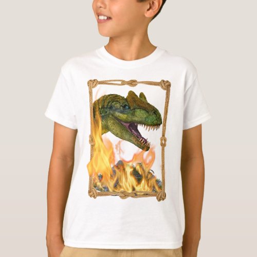 Dinosaur T_rex head flames rope border frame T_Shirt