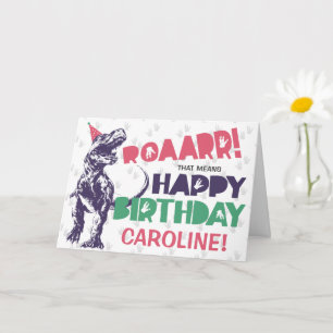 Dinosaur T-Rex in a Party Hat Pink Happy Birthday Card