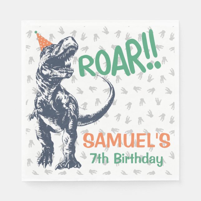 Dinosaur T-Rex in Party Hat Birthday Party Napkins (Front)