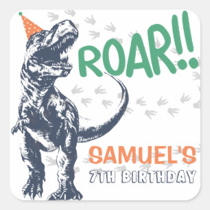 Dinosaur T-Rex in Party Hat Birthday Party Square Sticker