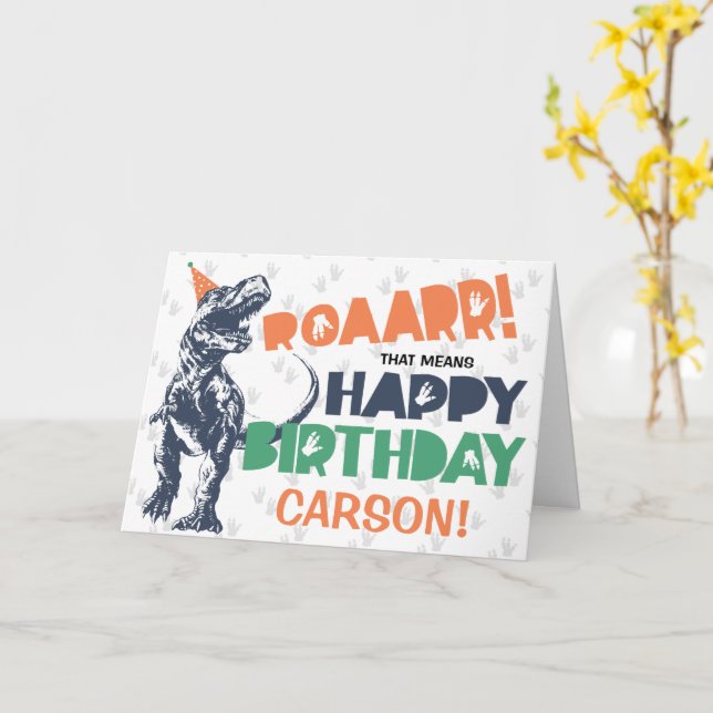 Dinosaur T-Rex in Party Hat Happy Birthday Card (Yellow Flower)