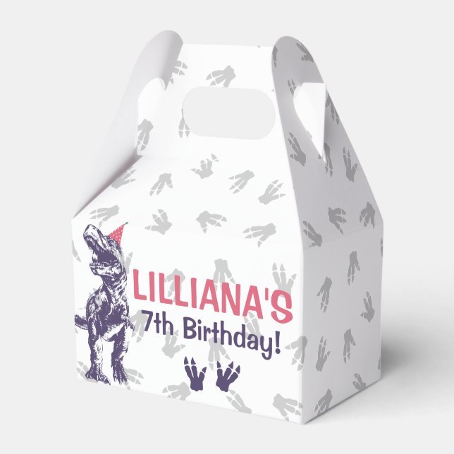 Dinosaur T-Rex in Party Hat Pink & Purple Birthday Favor Boxes (Front Side)