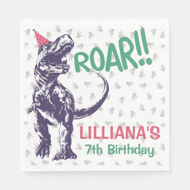 Dinosaur T-Rex in Party Hat Pink & Purple Birthday Napkins (Front)