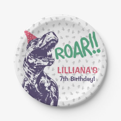 Dinosaur T_Rex in Party Hat Pink  Purple Birthday Paper Plates