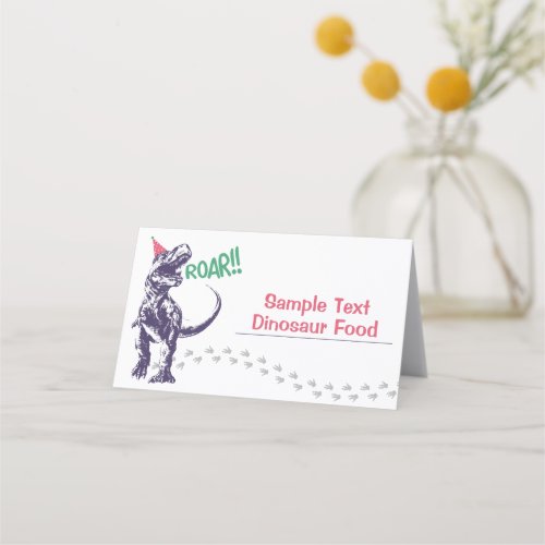 Dinosaur T_Rex in Party Hat Pink  Purple Birthday Place Card