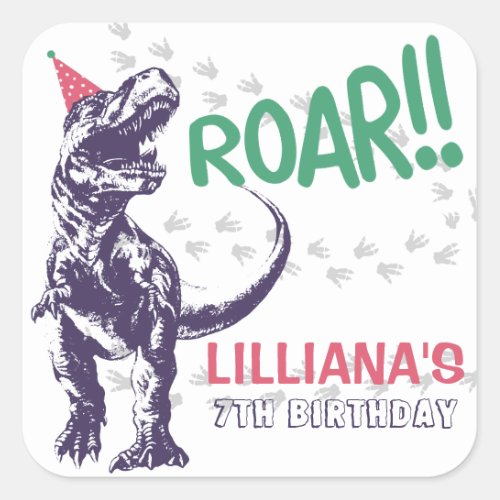 Dinosaur T_Rex in Party Hat Pink  Purple Birthday Square Sticker