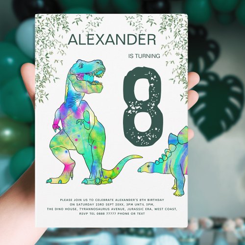 Dinosaur T_Rex Jungle 8th Birthday Party Green Invitation