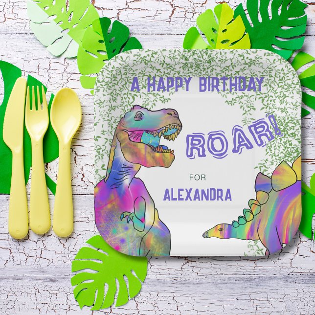Dinosaur T-Rex Jungle Birthday Party Purple Paper Plates (Colorful dinosaur roar girls Birthday party custom paper plate pink purple yellow T-Rex stegosaurus )