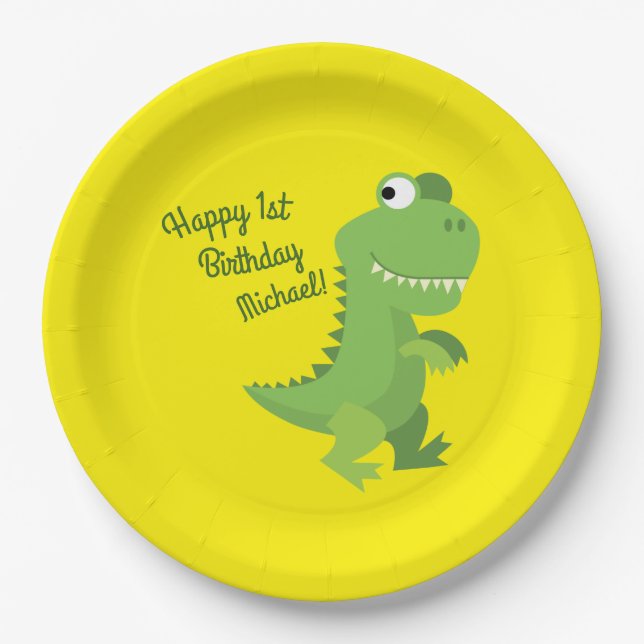 Dinosaur T-rex Kids 1st Birthday Dino Party Paper Plates (Front)