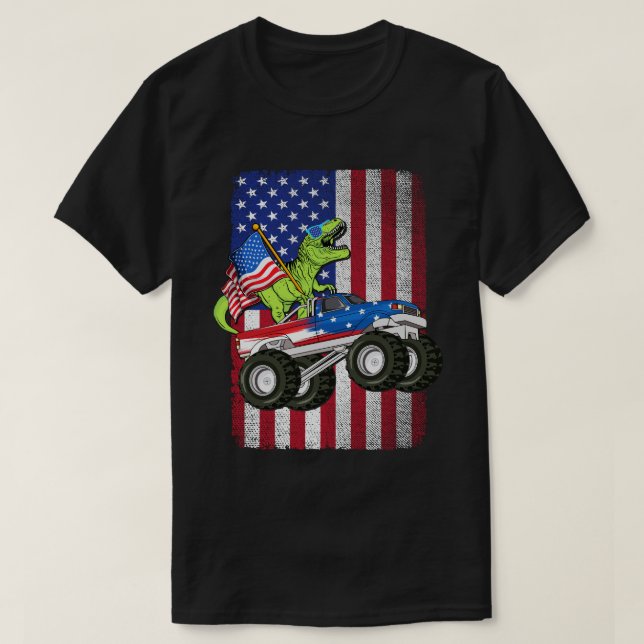 Dinosaur T Rex Monster Truck American Flag  T-Shirt (Design Front)