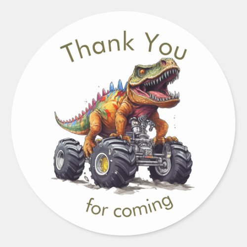  Dinosaur T_Rex Monster Truck Thank You Classic Round Sticker