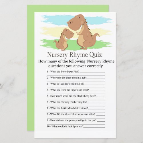 Dinosaur T_rex Nursery Rhyme Quiz baby shower game