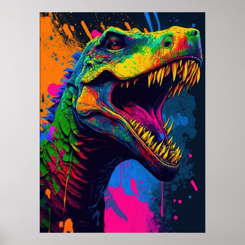 Dinosaur T Rex Orange Blue Poster