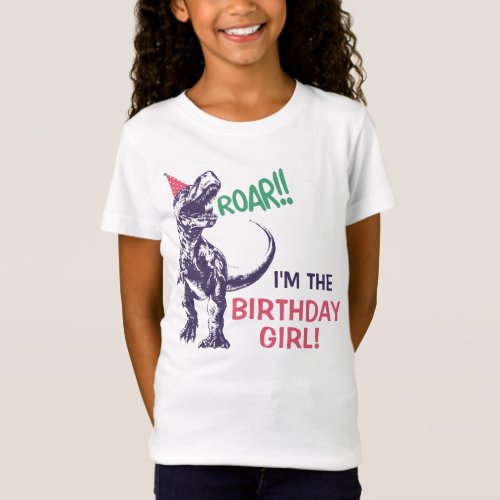 Dinosaur T_Rex Party Hat Pink Purple Birthday Girl T_Shirt