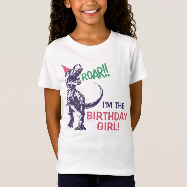 Dinosaur T-Rex Party Hat Pink Purple Birthday Girl T-Shirt (Front)