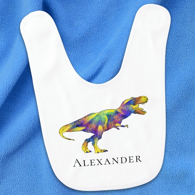 Dinosaur T-Rex Personalized Boy  Baby Bib (Colorful dinosaur T-Rex personalized boy baby bib fun psychedelic tyrannosaurus art)