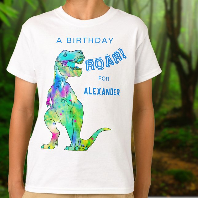 Dinosaur T-Rex Personalized Boys Birthday Party T-Shirt (Personalized boys dinosaur T-Rex roar birthday party T-shirt Colorful dino modern blue typography )