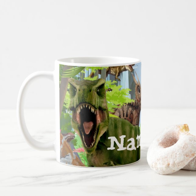Dinosaur T Rex Personalized Coffee Mug, Cup (With Donut)