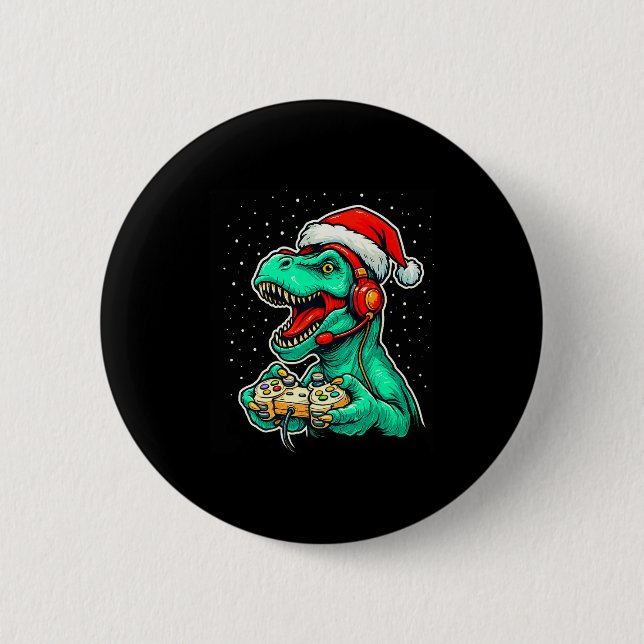 Dinosaur T Rex Playing Video Game Santa Hat Christ Button (Front)