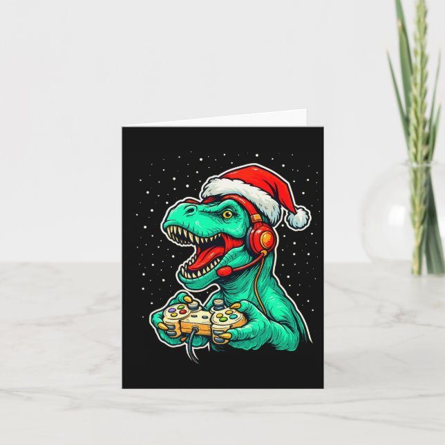 Dinosaur T Rex Playing Video Game Santa Hat Christ Card (Front)