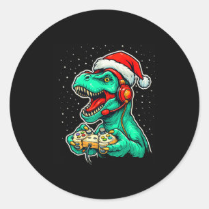 Dinosaur T Rex Playing Video Game Santa Hat Christ Classic Round Sticker