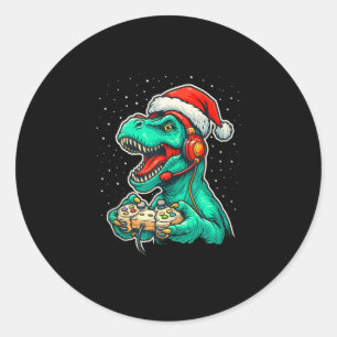 Dinosaur T Rex Playing Video Game Santa Hat Christ Classic Round Sticker
