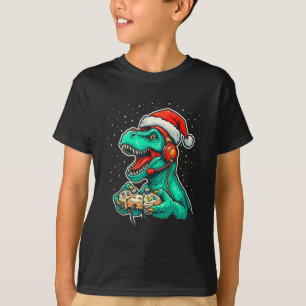 Dinosaur T Rex Playing Video Game Santa Hat Christ T-Shirt