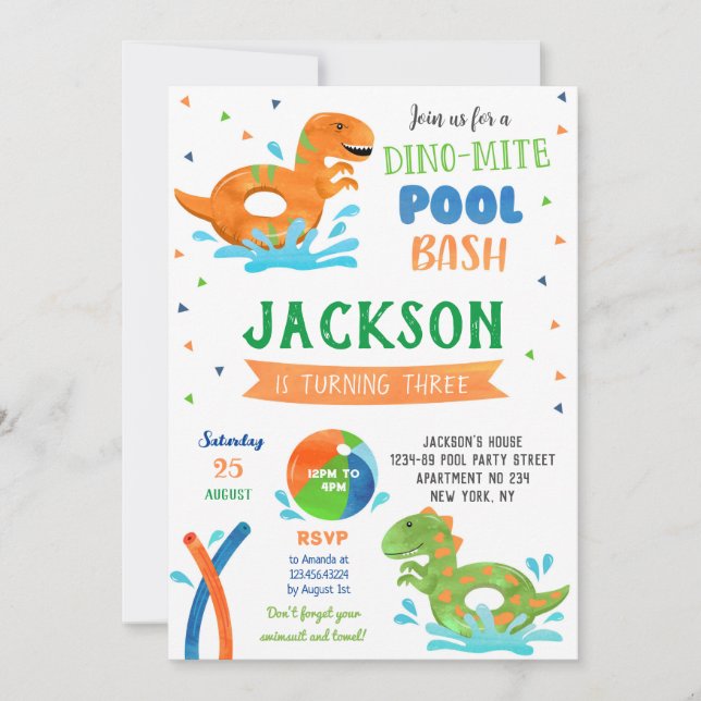 Dinosaur T-rex Pool Party Birthday Invitations (Front)