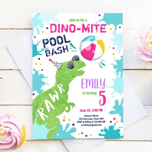 Dinosaur T_Rex Pool Party Girl Pink Birthday Invitation