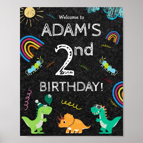 Dinosaur T_rex Rainbow 2nd kids Birthday Welcome Poster