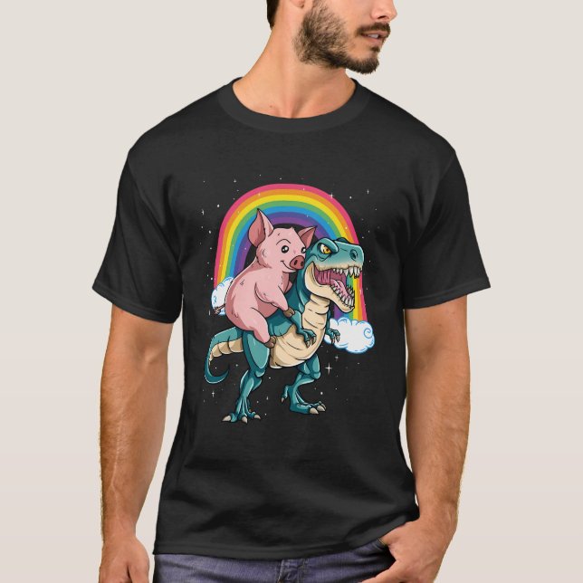 Dinosaur T Rex Rainbow Cloud Sparkles Pig T-Shirt (Front)