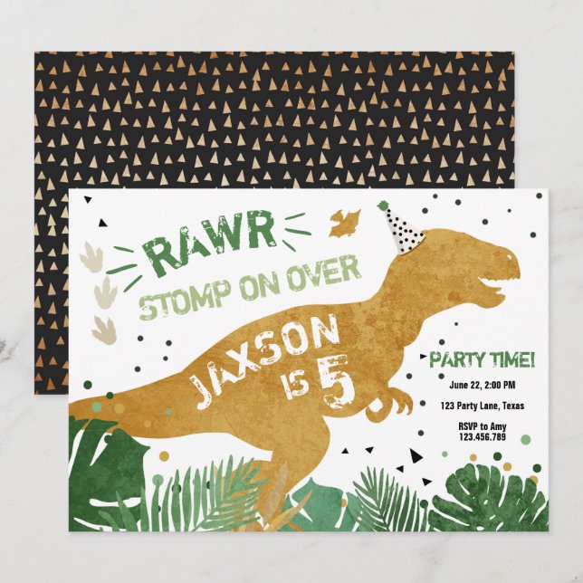 Dinosaur T-Rex RAWR Gold Green Dino Boy Birthday Invitation (Front/Back)