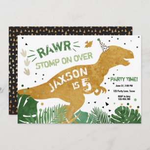 Dinosaur T-Rex RAWR Gold Green Dino Boy Birthday Invitation