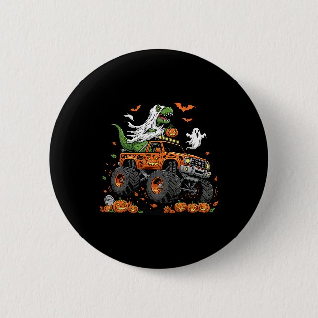 Dinosaur T-rex Riding Monster Truck Halloween Men  Button (Front)