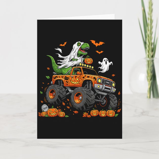 Dinosaur T-rex Riding Monster Truck Halloween Men  Card (Front)