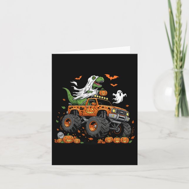 Dinosaur T-rex Riding Monster Truck Halloween Men  Card (Front)
