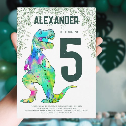 Dinosaur T_Rex Roar 5th Birthday Party Invitation