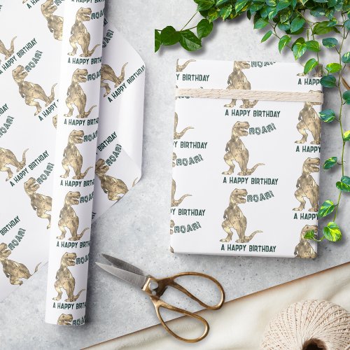 Dinosaur T_Rex Roar Happy Birthday Pattern Wrapping Paper