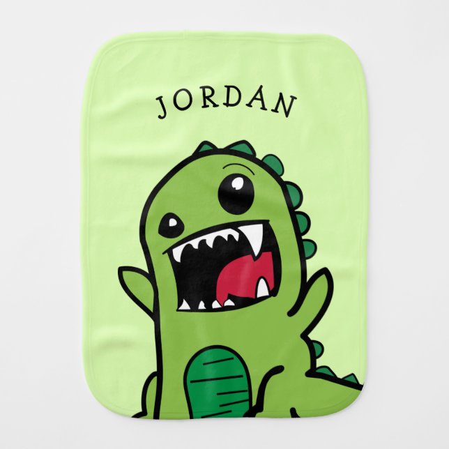 Dinosaur T-Rex Roar Name Green Baby Burp Cloth (Front)