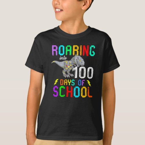 Dinosaur T_Rex Roaring Into 100 Days Of School T_Shirt