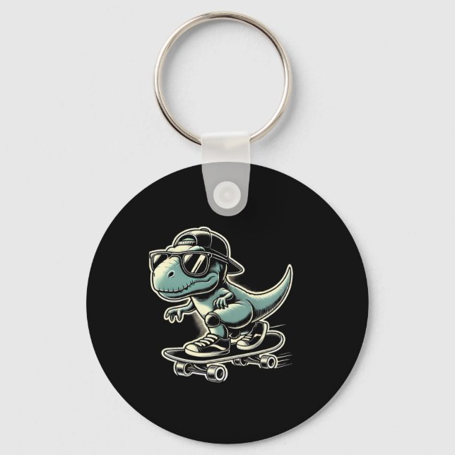 Dinosaur T Rex Skateboarding Funny Retro Skating  Keychain (Front)