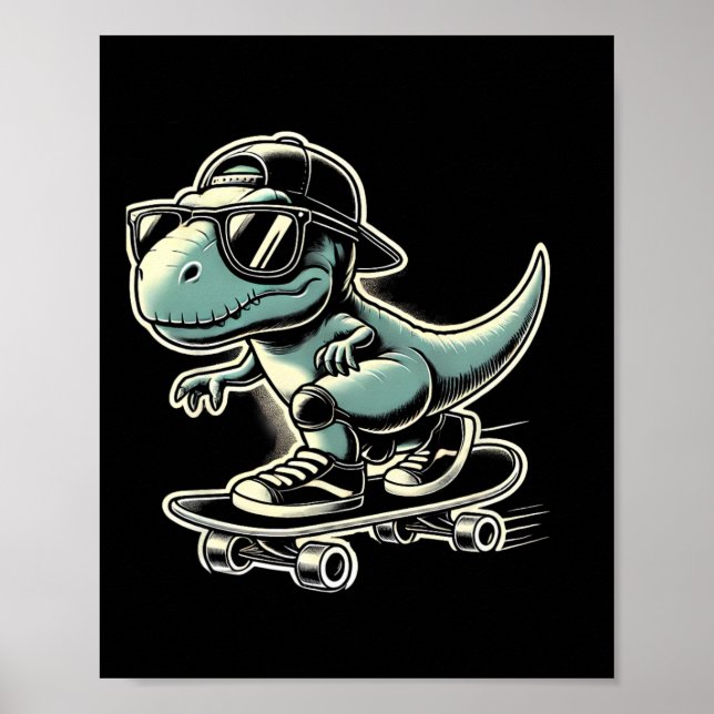 Dinosaur T Rex Skateboarding Funny Retro Skating  Poster (Front)