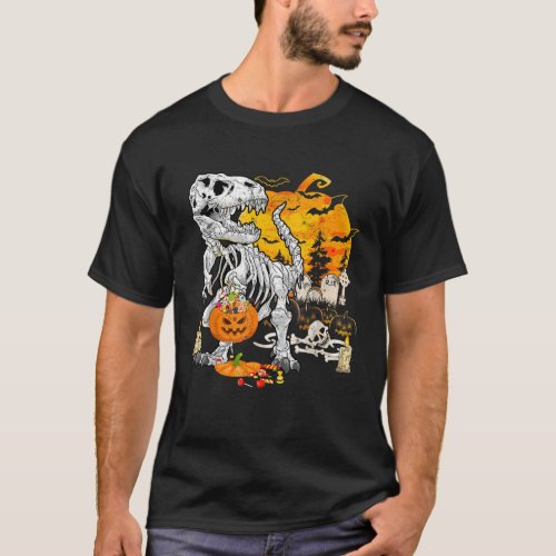 Dinosaur T Rex Skeleton Pumpkin Funny Halloween Co T_Shirt