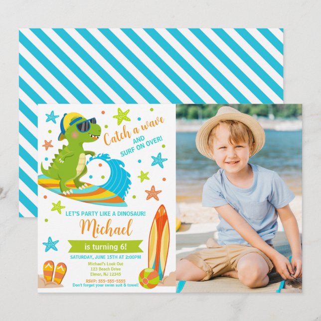 Dinosaur T-Rex Summer Beach Party Boy Birthday Invitation (Front/Back)