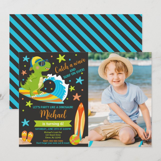 Dinosaur T-Rex Summer Beach Party Boy Birthday Invitation (Front/Back)