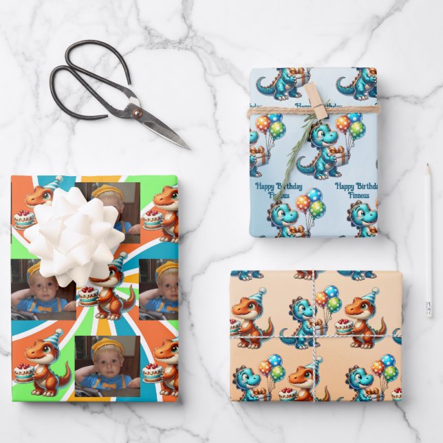 Dinosaur T-rex themed Personalized Birthday Wrapping Paper Sheets (Front)